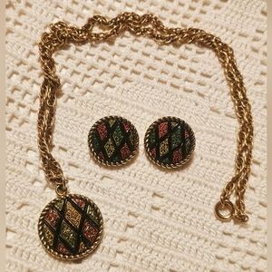 VTG Sarah Coventry Retro 70s Mosaic Diamond Enamel Pendant Necklace Earrings Set